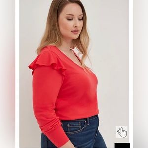 Lightweight V-neck Ruffle sweatshirt size 3 22/24 coral bright autumn fall cute